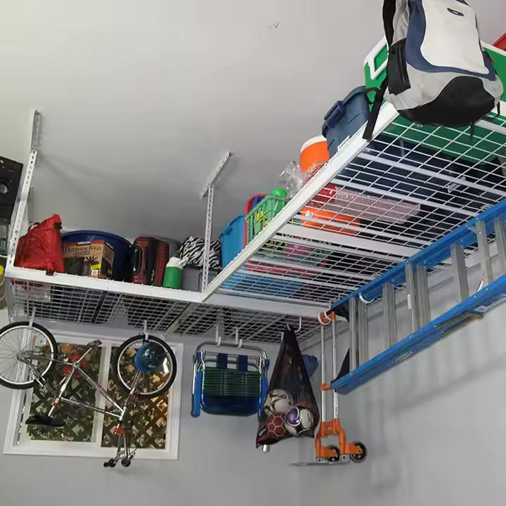 Overhead garage storage rack with decking