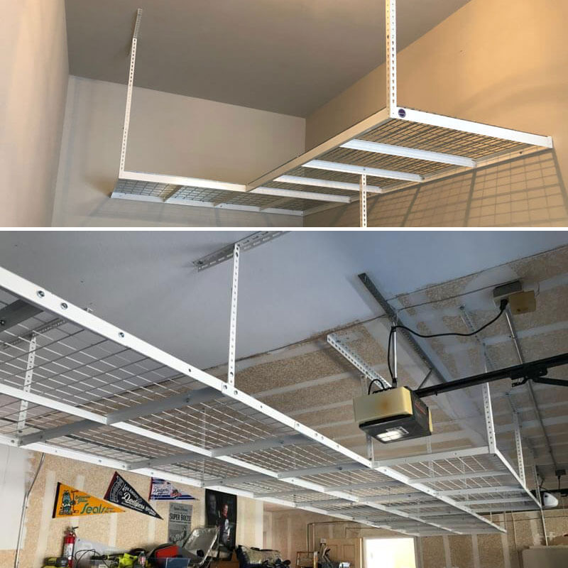 Overhead garage storage rack with decking