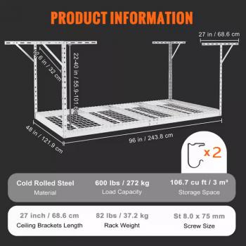 Overhead garage storage rack with decking