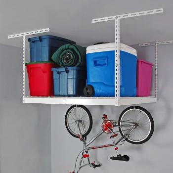 Overhead garage storage rack with decking